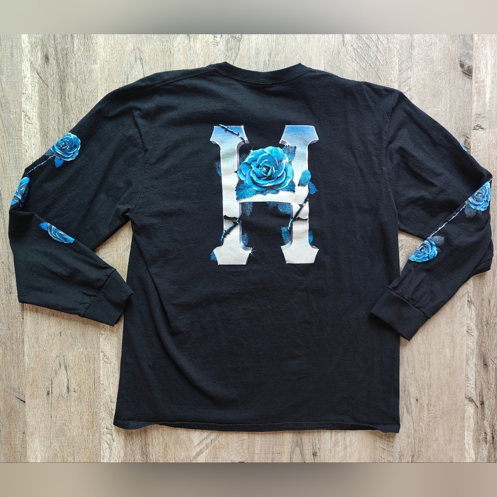 Huf Black Long Sleeve Shirt with Blue Rose Design